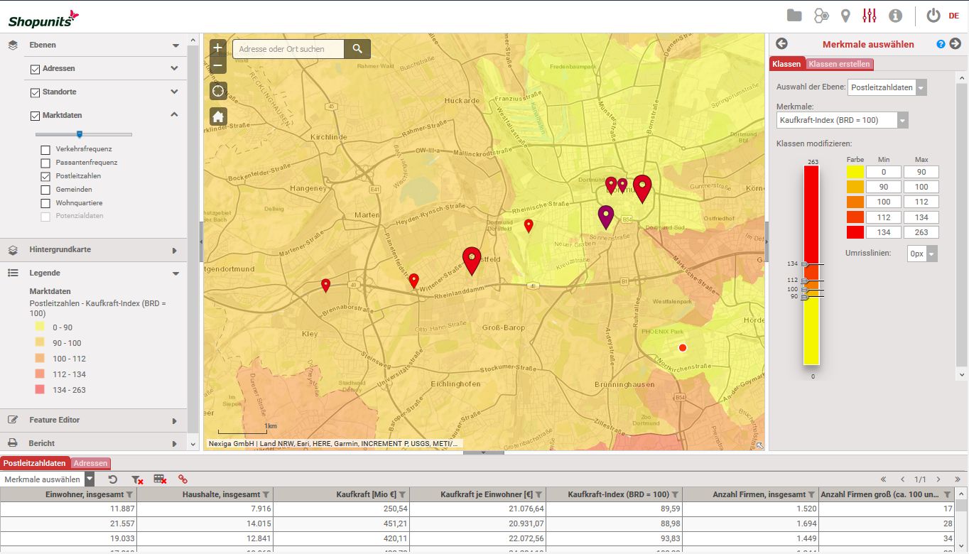 Go*Local - Online-Analysen für Markt, Standort und Wettbewerb, hier: Filiale als Kartenpunkt (z.B. eigene oder Wettbewerber) nach Umsatz und Verkaufsfläche