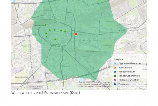 Standortanalyse für einen Musterstandort (hier: Wettbewerber in 2-Fahrminutenzone), erstellt mit Go*Local durch SHOPUNITS.DE