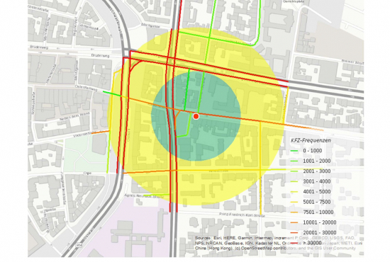 Standortanalyse für einen Musterstandort (hier: Marktteilnehmer im 100m und 200m Radius), erstellt mit Go*Local durch SHOPUNITS.DE