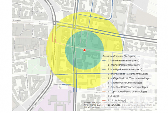 Standortanalyse für einen Musterstandort (hier: tgl. Kfz-Frequenzen im 100m und 200m Radius), erstellt mit Go*Local durch SHOPUNITS.DE