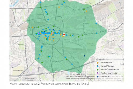 Standortanalyse für einen Musterstandort (hier: Marktteilnehmer nach Branchen), erstellt mit Go*Local durch SHOPUNITS.DE