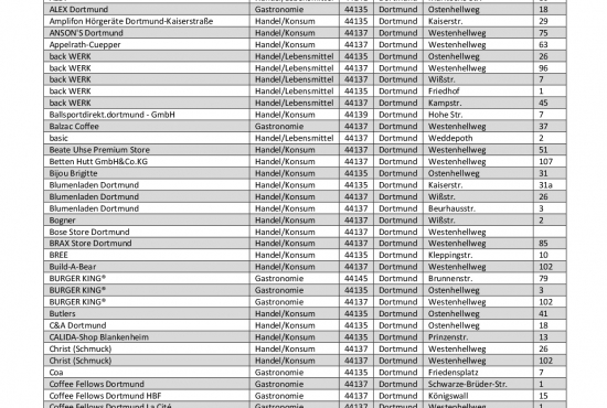 Standortanalyse für einen Musterstandort (hier: Marktteilnehmer nach Branchen, Auszug), erstellt mit Go*Local durch SHOPUNITS.DE