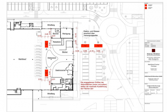 Einkaufszentrum ✩ Marktkauf-Center Prenzlau in Prenzlau, Lageplan EG, inkl. Sonderflächen für Aktionen und Promotion