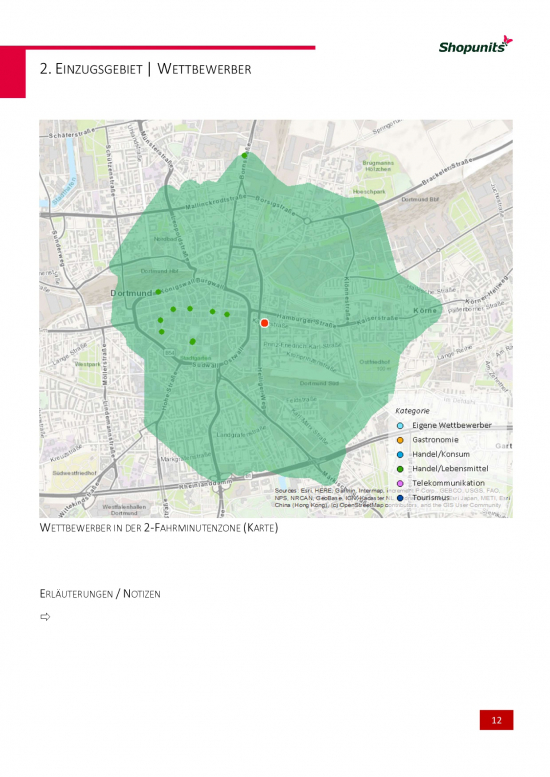 Standortanalyse für einen Musterstandort (hier: Wettbewerber in 2-Fahrminutenzone), erstellt mit Go*Local durch SHOPUNITS.DE
