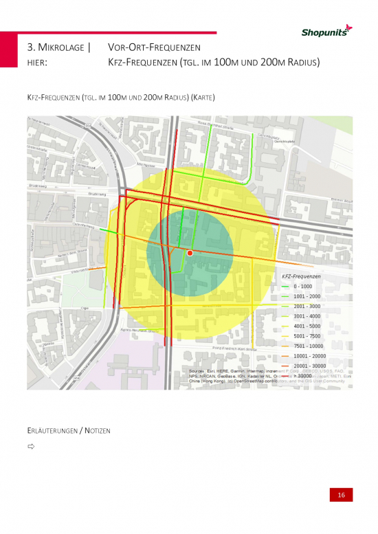 Standortanalyse für einen Musterstandort (hier: Marktteilnehmer im 100m und 200m Radius), erstellt mit Go*Local durch SHOPUNITS.DE